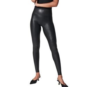 SPANX Black‎ Vegan Leather Leggings Womens Small Stretch Wide Waistband